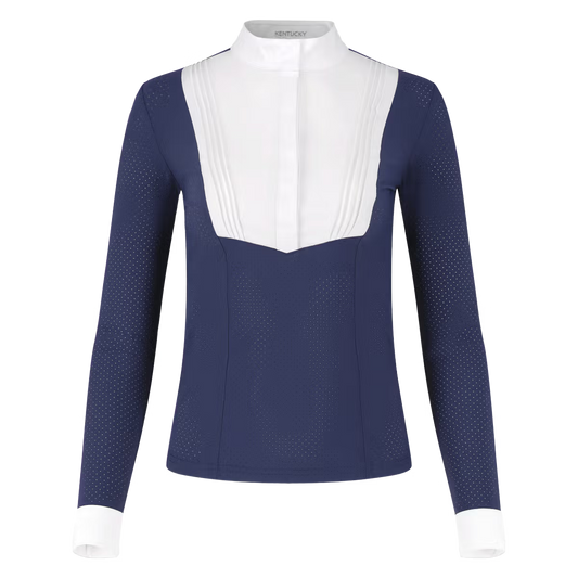 Navy blue long-sleeve top with white collar on a transparent background