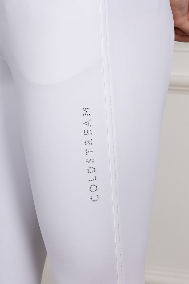 White pants with silver COLDSTREAM lettering on a neutral background