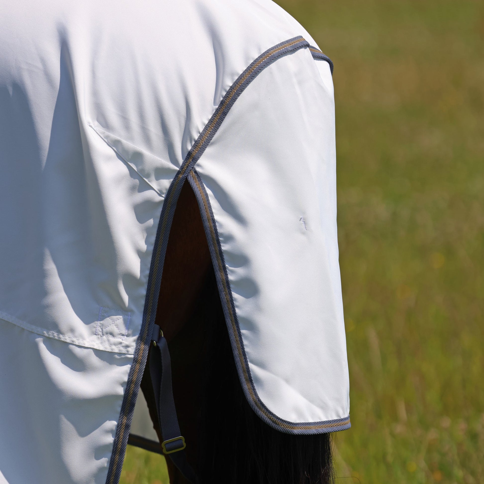 Close-up of a person wearing a light gray jacket with a blurred grassy background