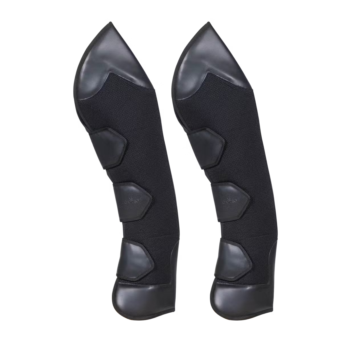 Pair of black protective leg guards on a white background