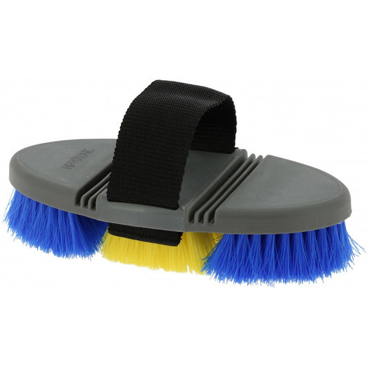 Double-sided brush with blue and yellow bristles on a gray handle with a black strap.