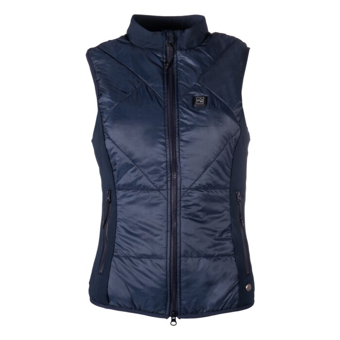 Navy blue quilted vest on a white background
