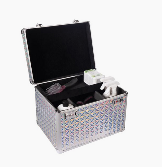 Open grooming box with item in it on a white background