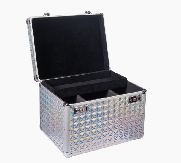 Silver patterned case with black interior on a white background