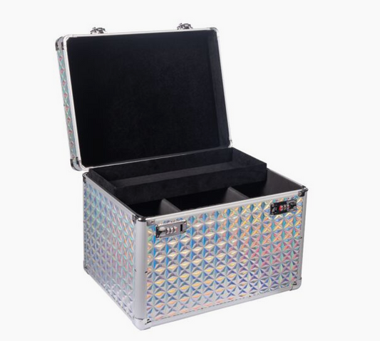 Silver patterned case with black interior on a white background