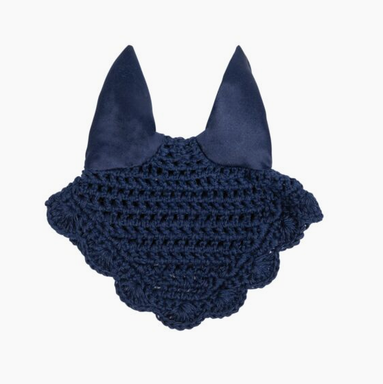 Navy blue horse ear bonnet with textured pattern on a white background