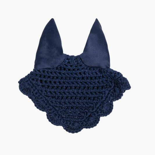 Navy blue horse ear bonnet with textured pattern on a white background