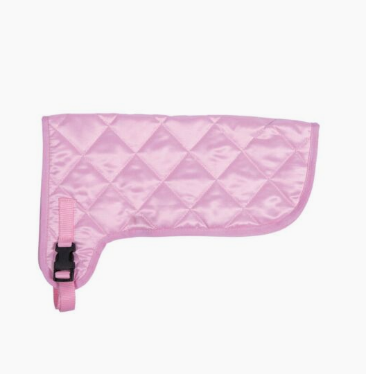 Pink quilted hobby horse rug with a strap on a white background