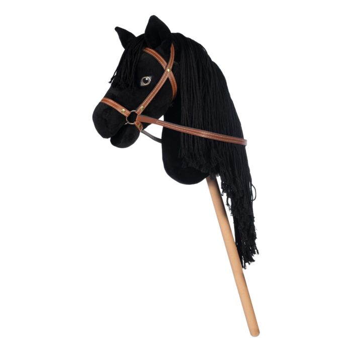 Black horse head with a brown bridle and wooden stick on a white background