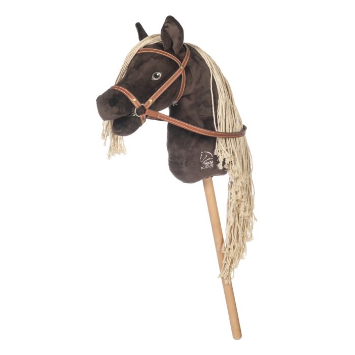Plush horse toy with a wooden stick on a white background