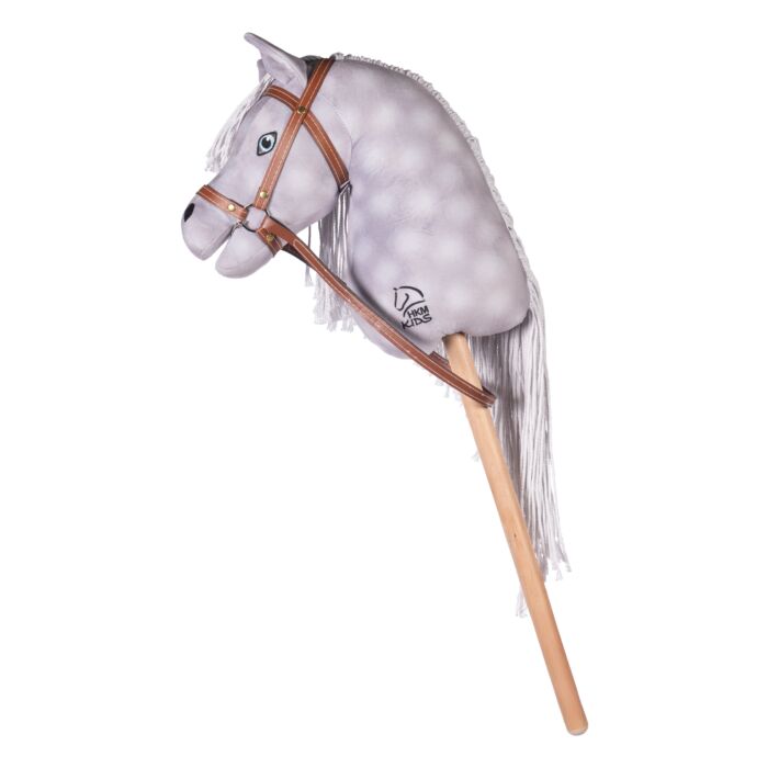 White rocking horse with a wooden handle on a white background