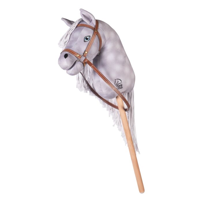 Gray rocking horse with a wooden handle on a white background
