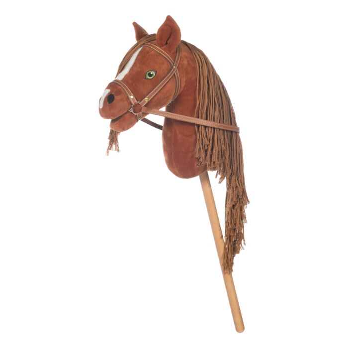 Brown plush horse head with fringes on a white background