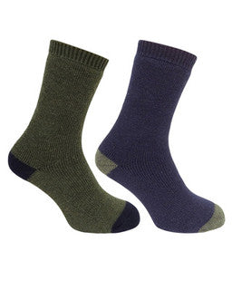 Two pairs of socks, one green and one navy, on a white background