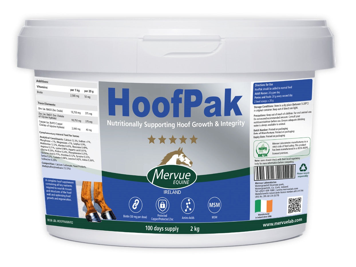 Mervue Equestrian HoofPak supplement container on a white background