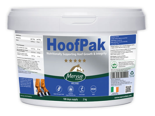 Mervue Equestrian HoofPak supplement container on a white background