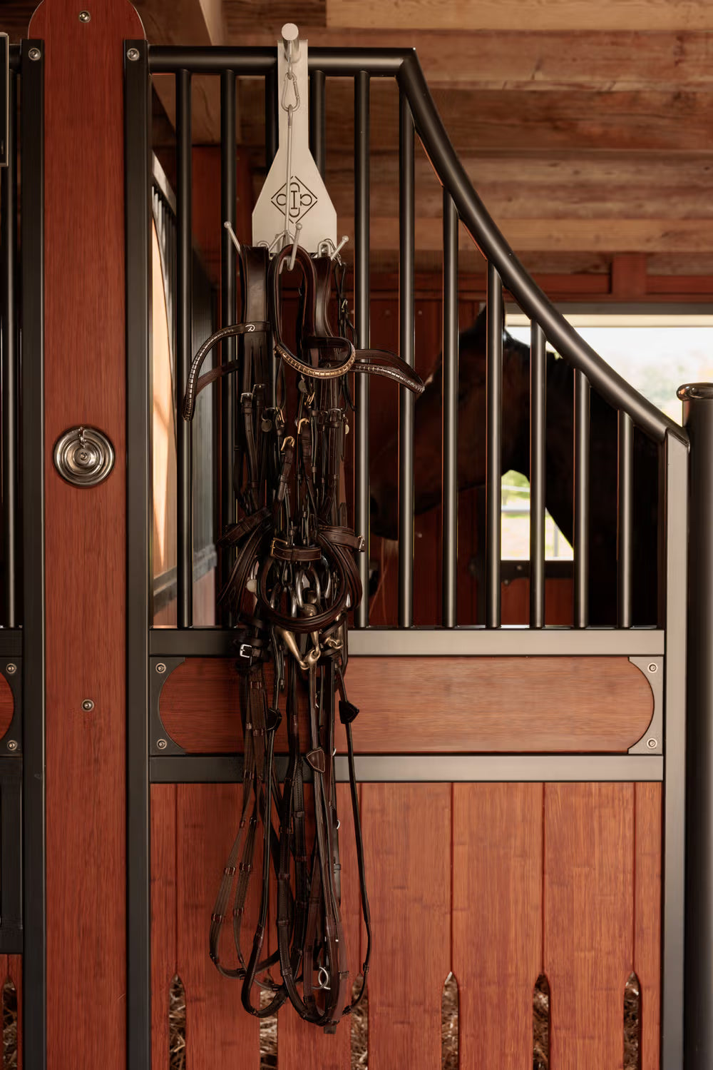 Horse bridle hanging on a wooden stable door with metal hooks
