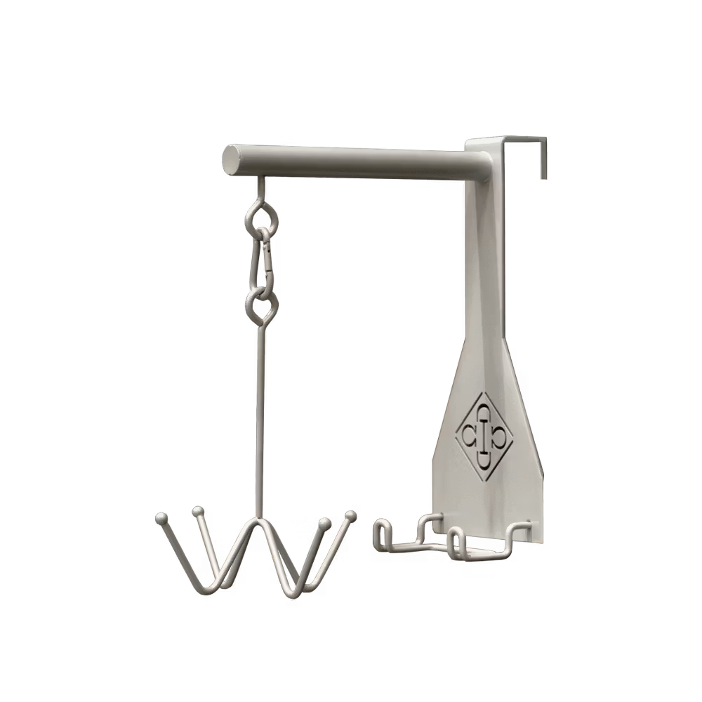 Metallic tool with a handle and attached components on a white background