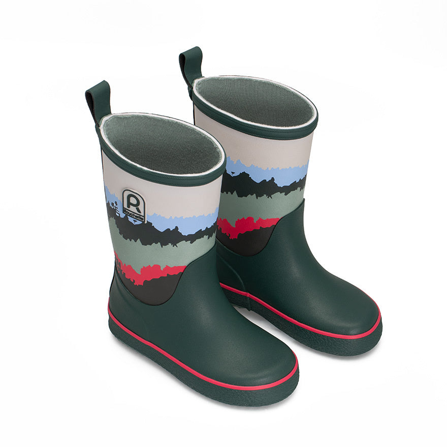 Pair of green kids wellington boots on a white background