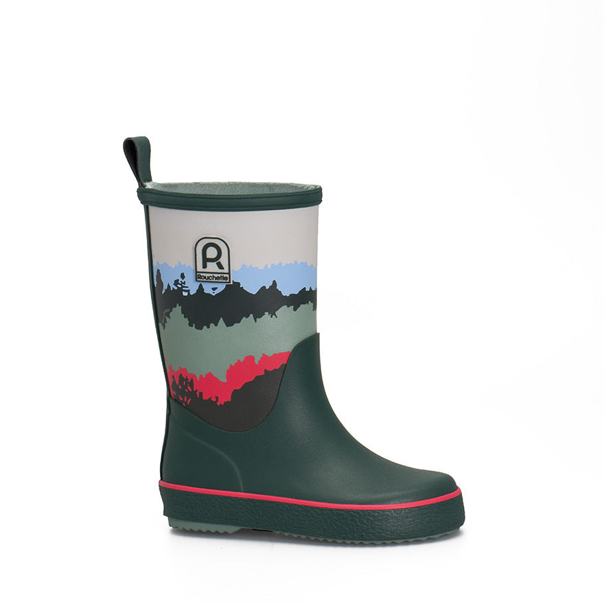 Green kids wellington boot on a white background