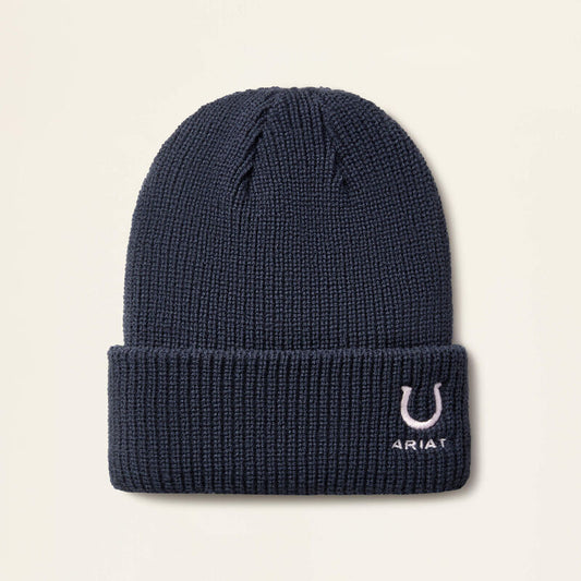 Navy beanie with horseshoe design on a beige background