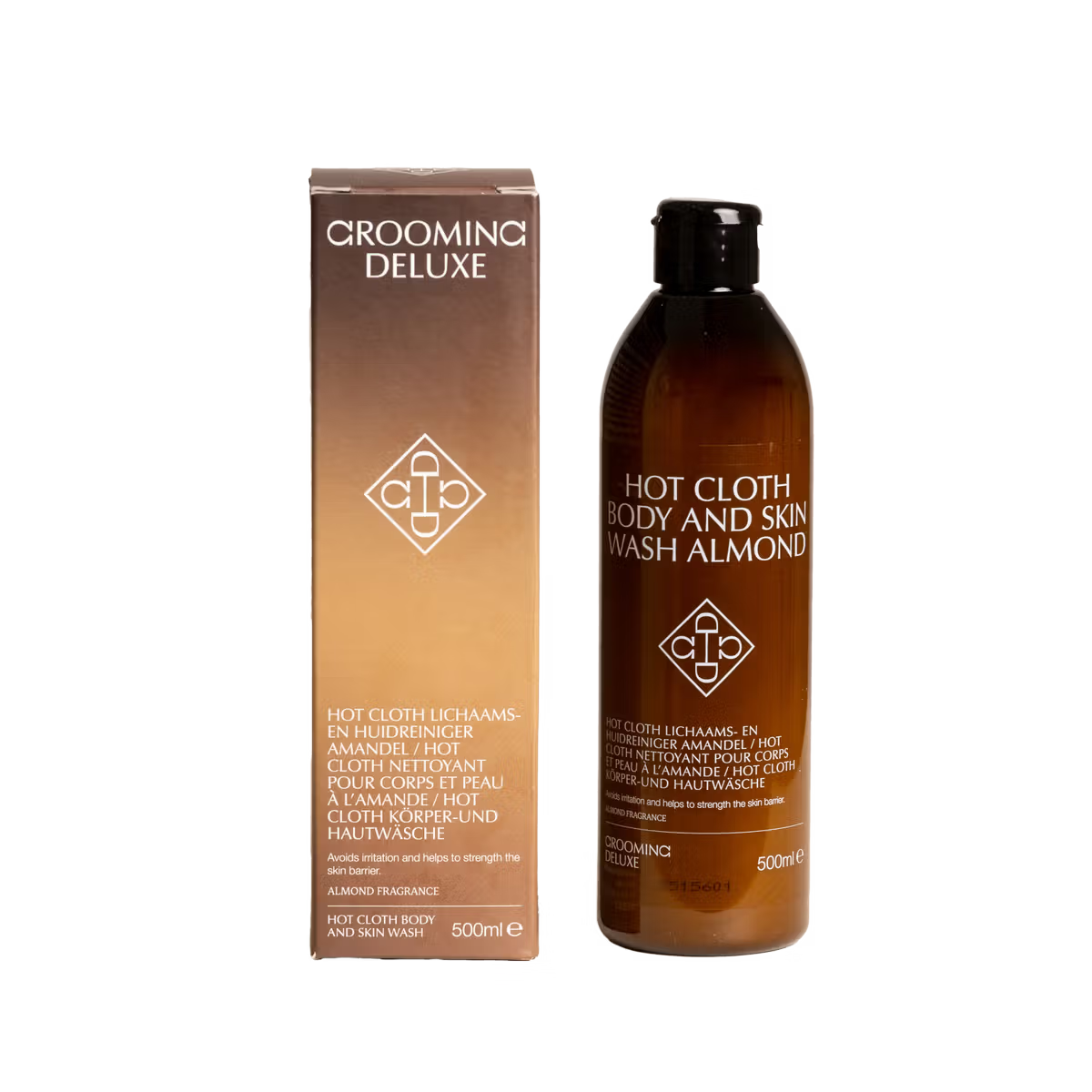 Grooming Deluxe Hot Cloth Body and Skin Wash Almond bottle and packaging on a white background