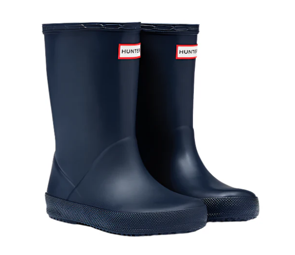 Pair of navy blue Hunter boots on a white background