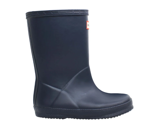 Navy blue rain boot on a white background