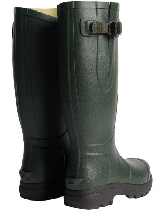 A pair of dark olive hunter wellingtons on a white background 