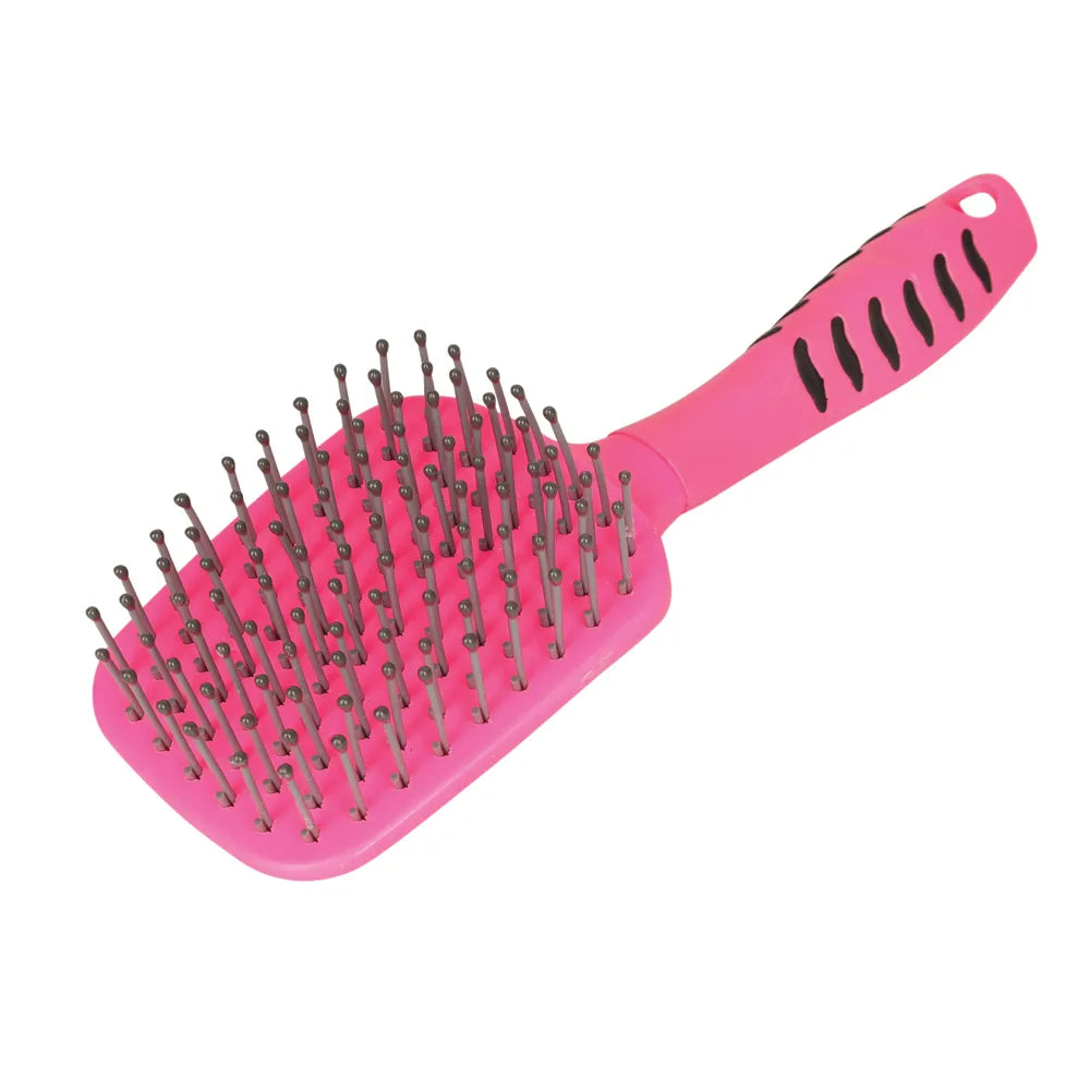 Pink paddle brush with black handle on a white background