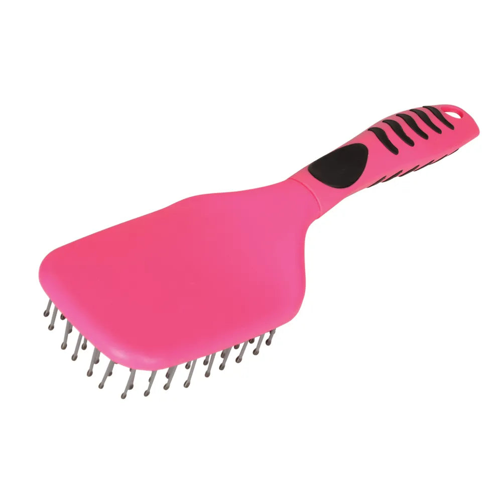 Pink paddle brush with black handle on a white background