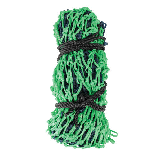 Green and black haynet tied together on a white background