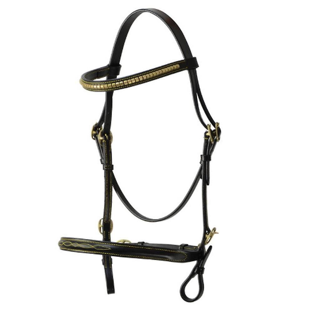 A brown in-hand bridle designed for horses, featuring detailed stitching on the noseband and a clencher adorning the brow band.