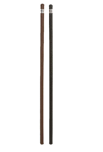 Two leather show canes, one brown and one black, on a white background
