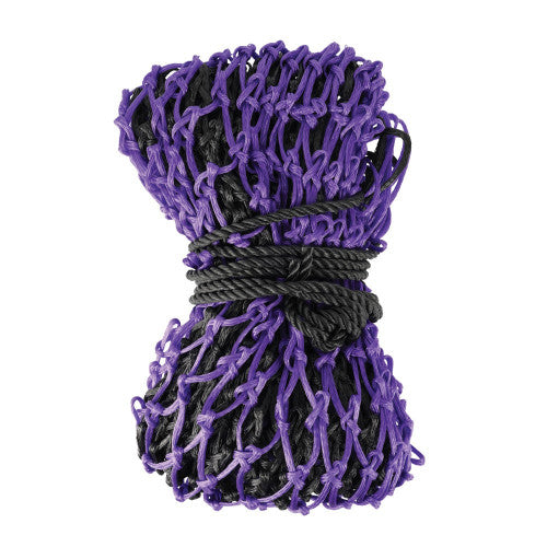 Purple and black haynet tied together on a white background