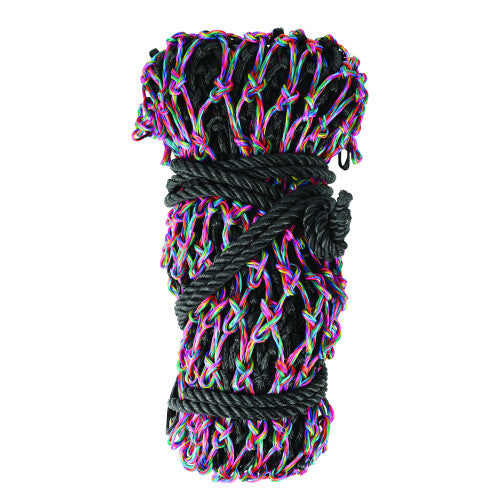Rainbow haynet with colorful patterns coiled on a white background