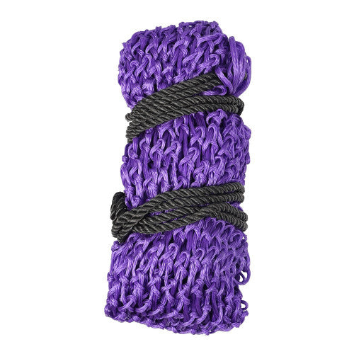 Purple haynet with black loops on a white background