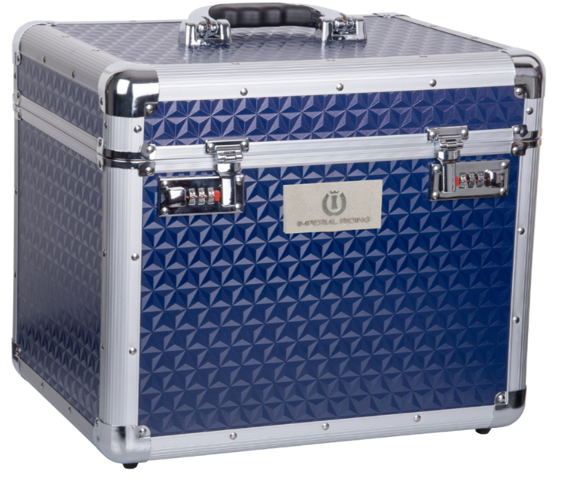 Navy shiny grooming box with combination lock closed lid