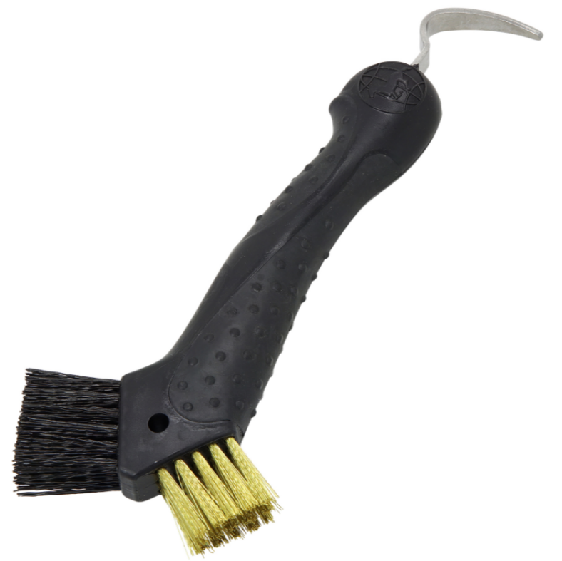 Two-in-one hoof pick with black bristle side and gold wire side on a white background