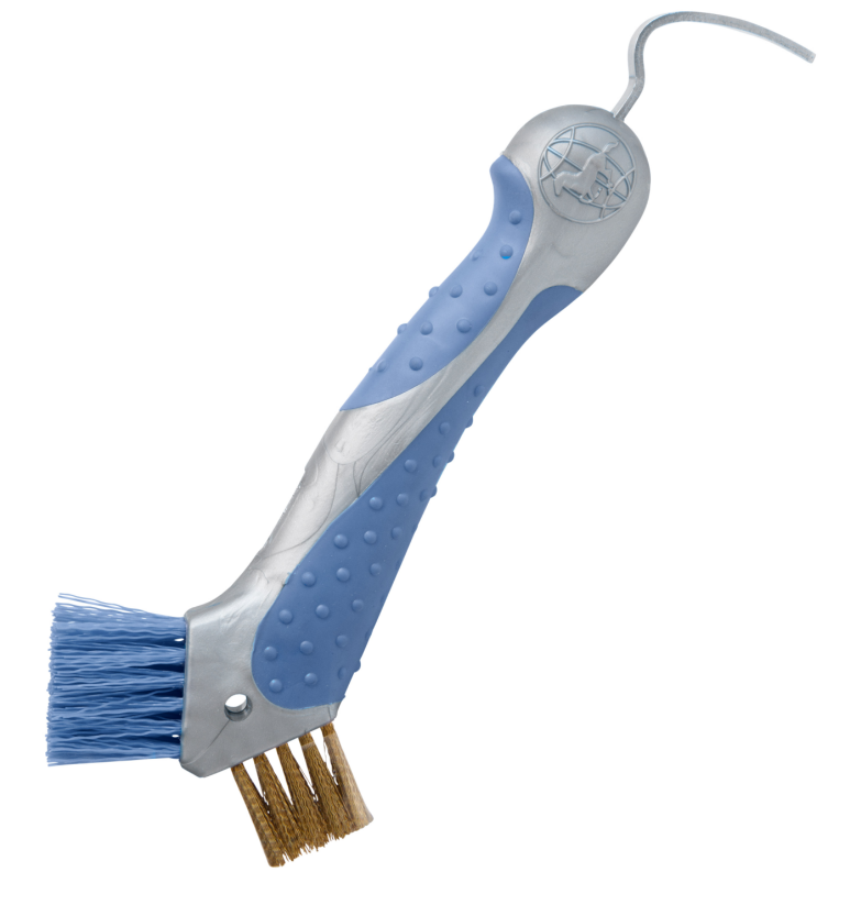 hoof pick with blue handle and bristles on a white background