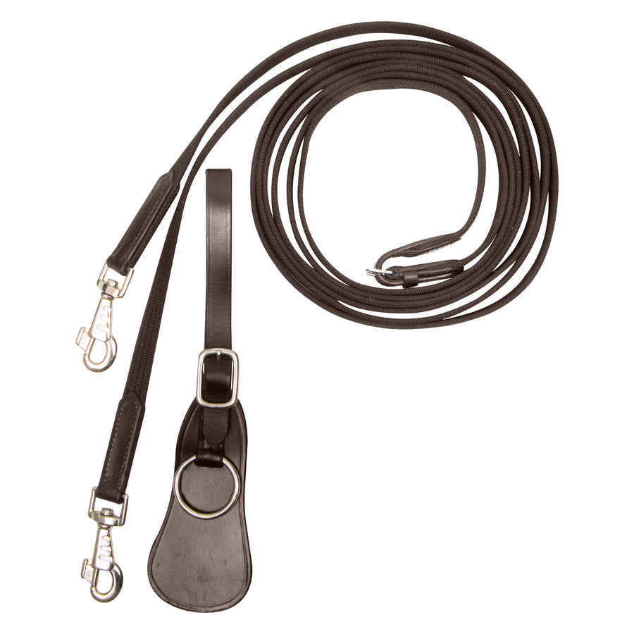Brown leather draw reins with metal clasp on a white background