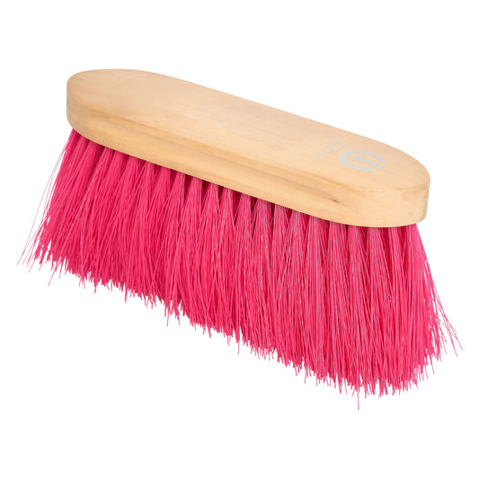 Brush with pink bristles and a wooden handle on a white background