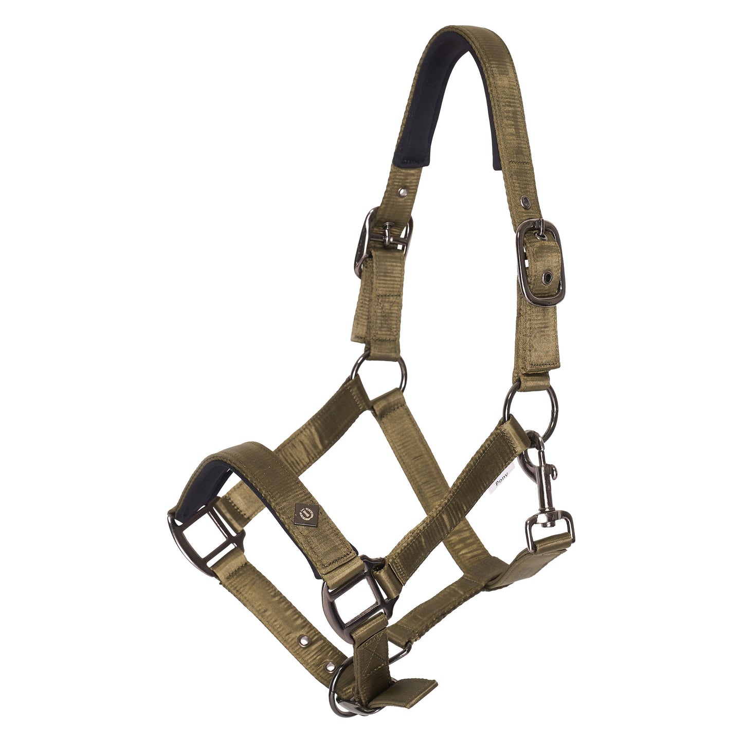 Brown horse halter with metal hardware on a white background