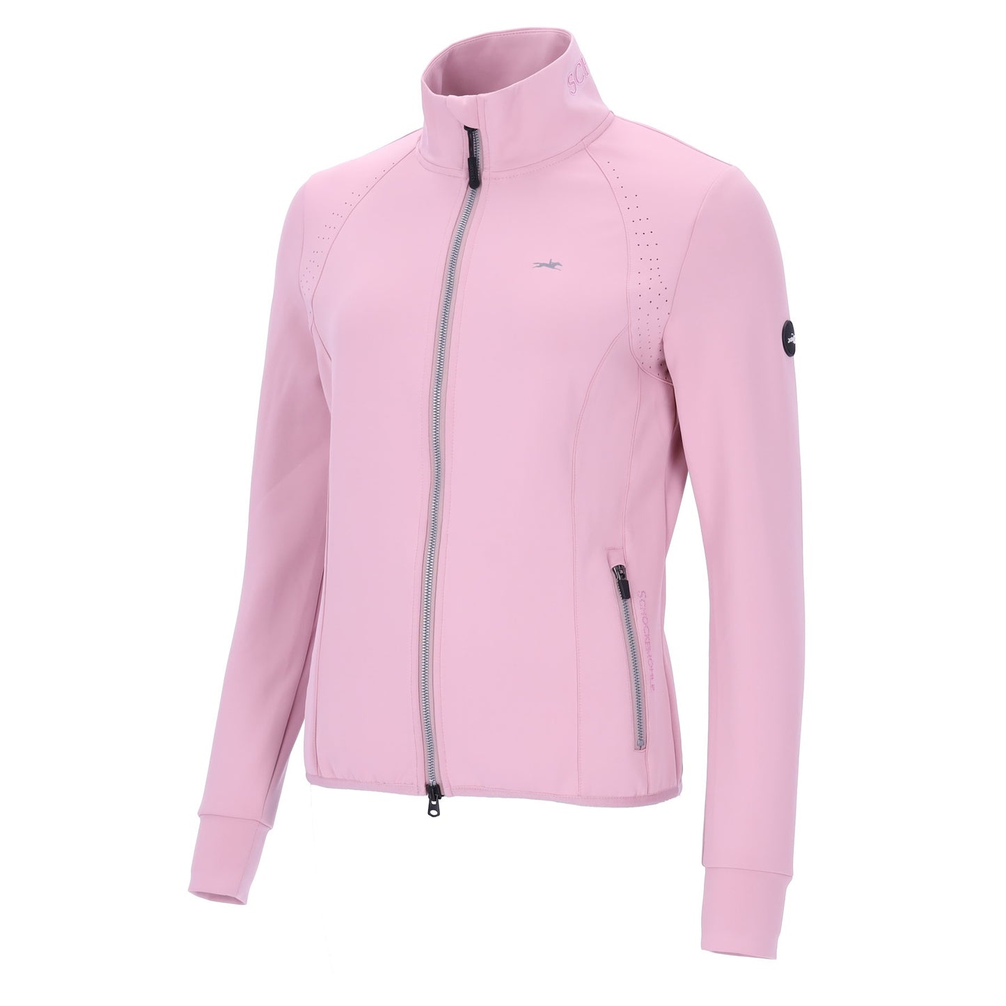 Pink ladies jacket with horse logo on a white background