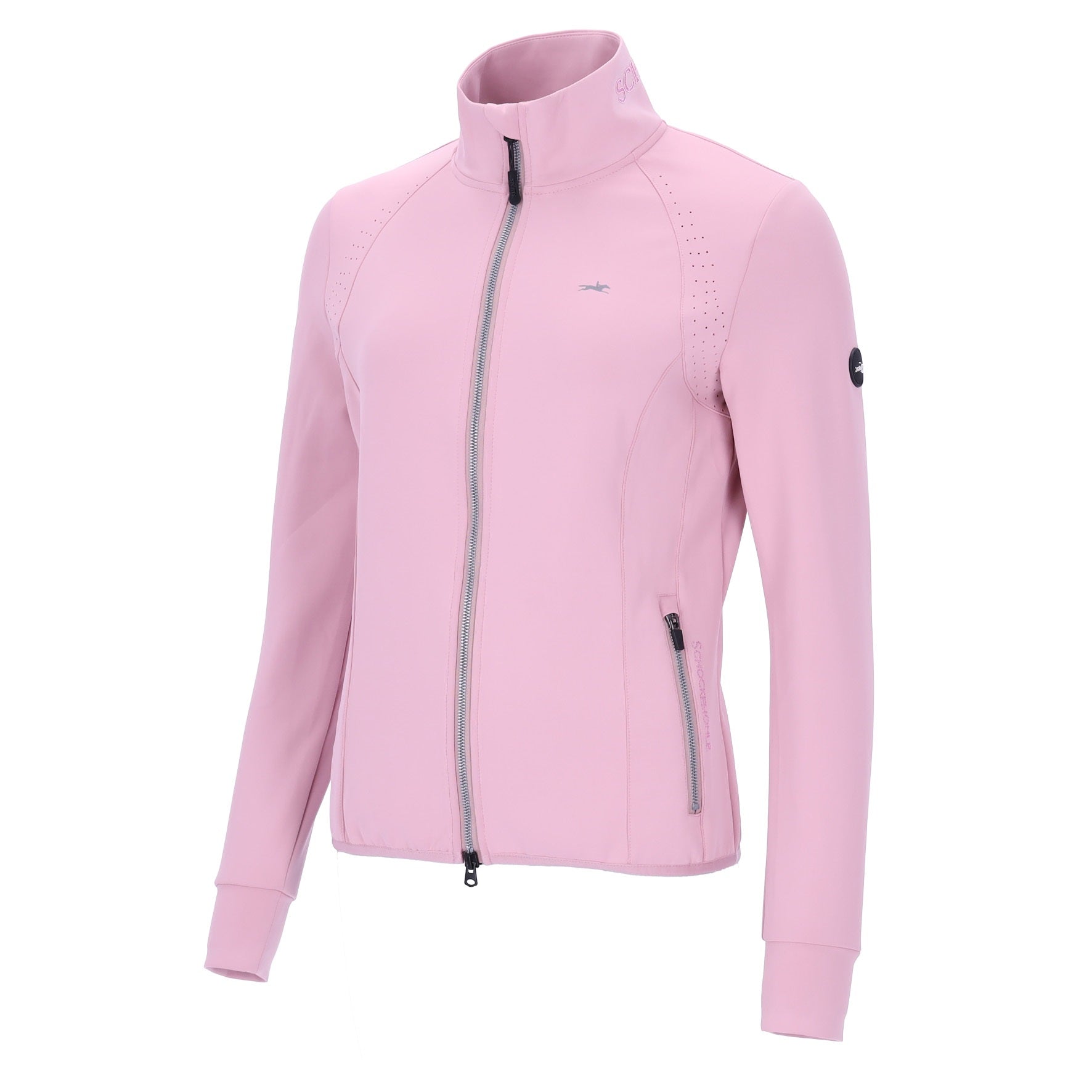 Pink ladies jacket with horse logo on a white background