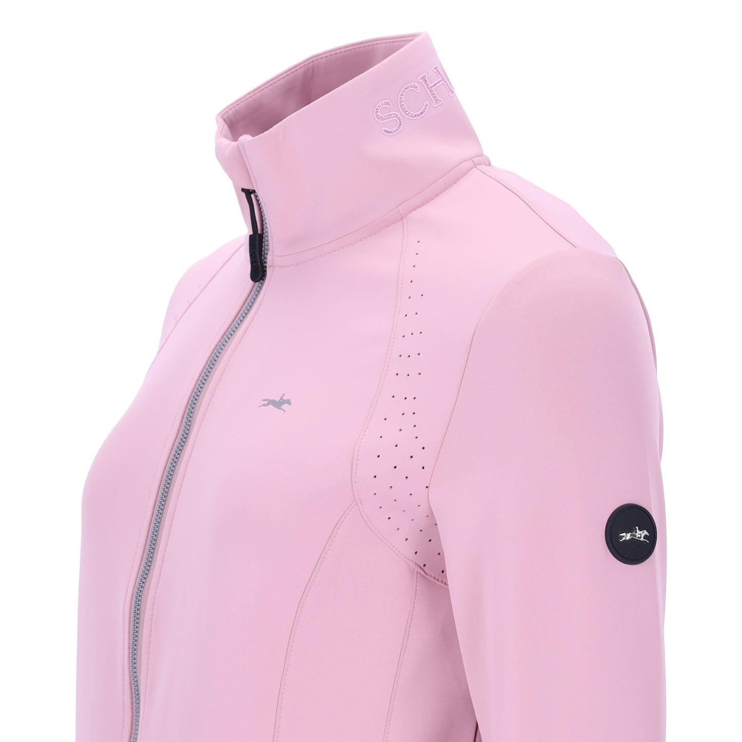 Pink ladies jacket with horse logo on a white background