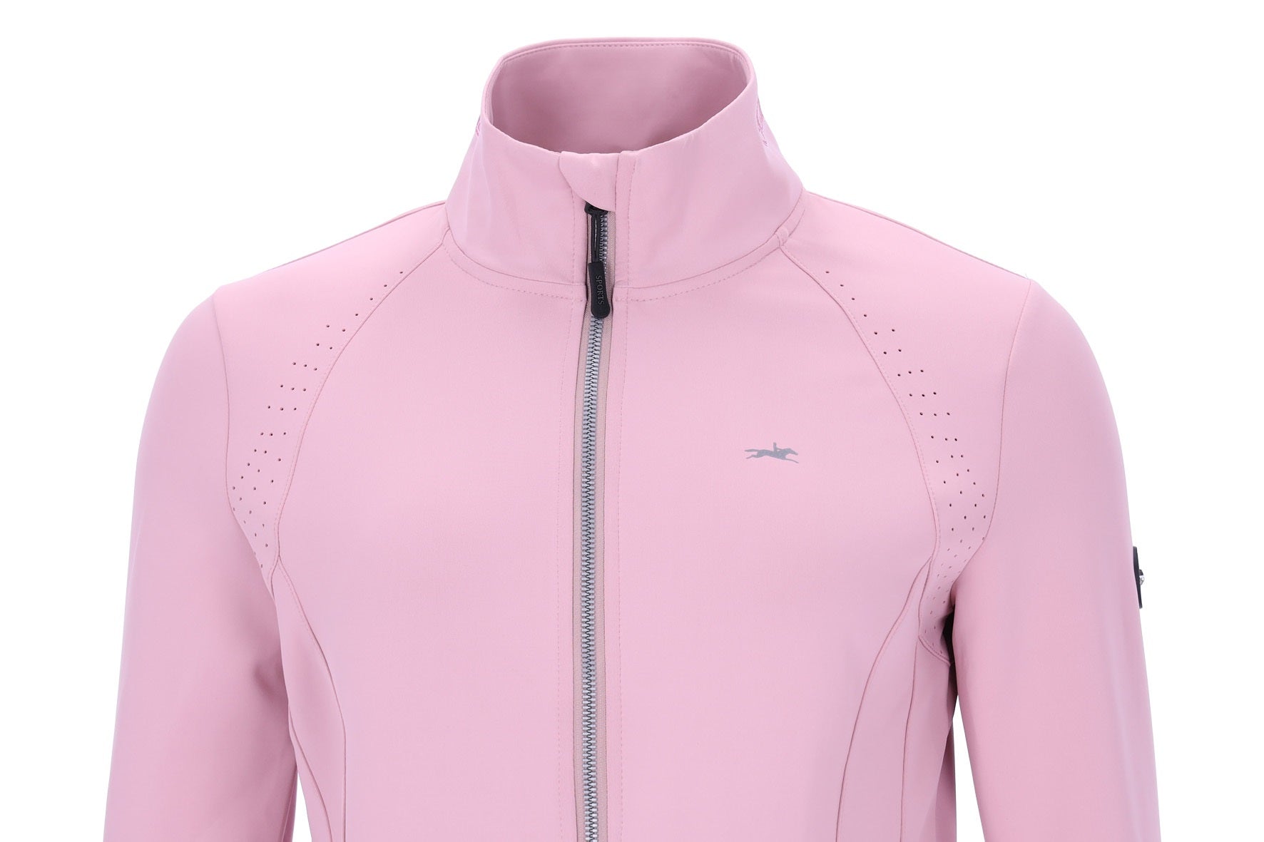 Pink ladies jacket with horse logo on a white background