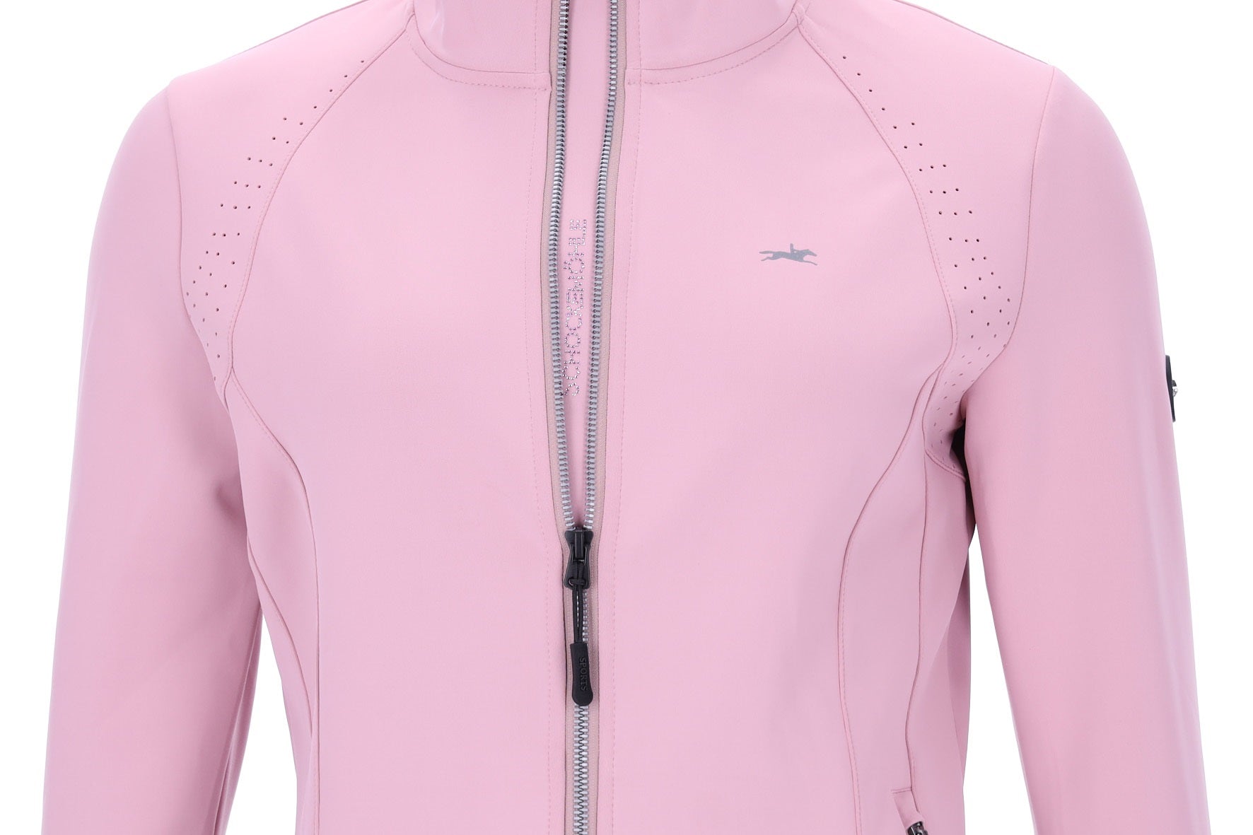 Pink ladies jacket with horse logo on a white background