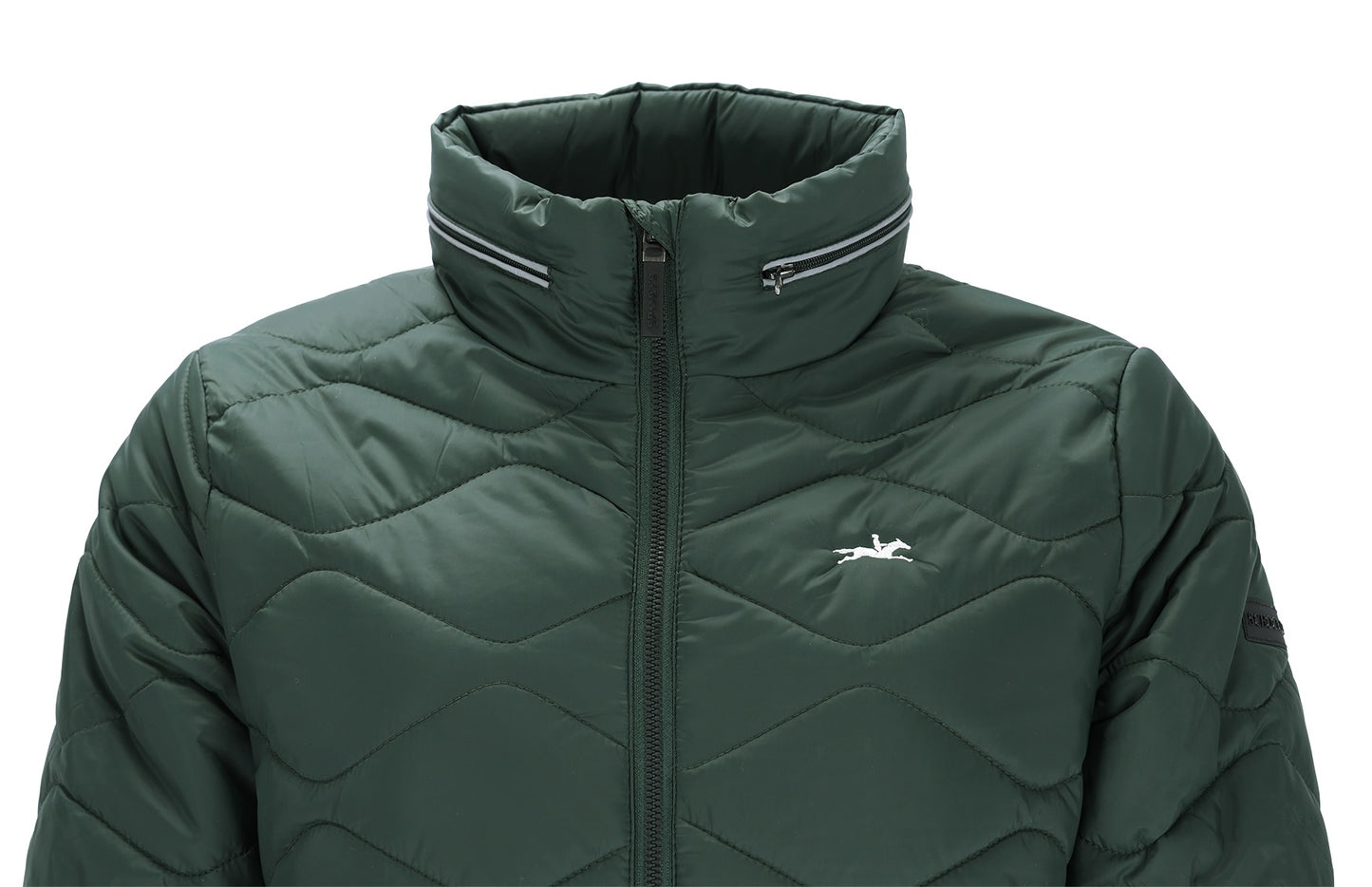 A dark green quilted puffer jacket with a high stand-up collar, front zipper, and a small white logo on the left chest, shown against a plain white background.