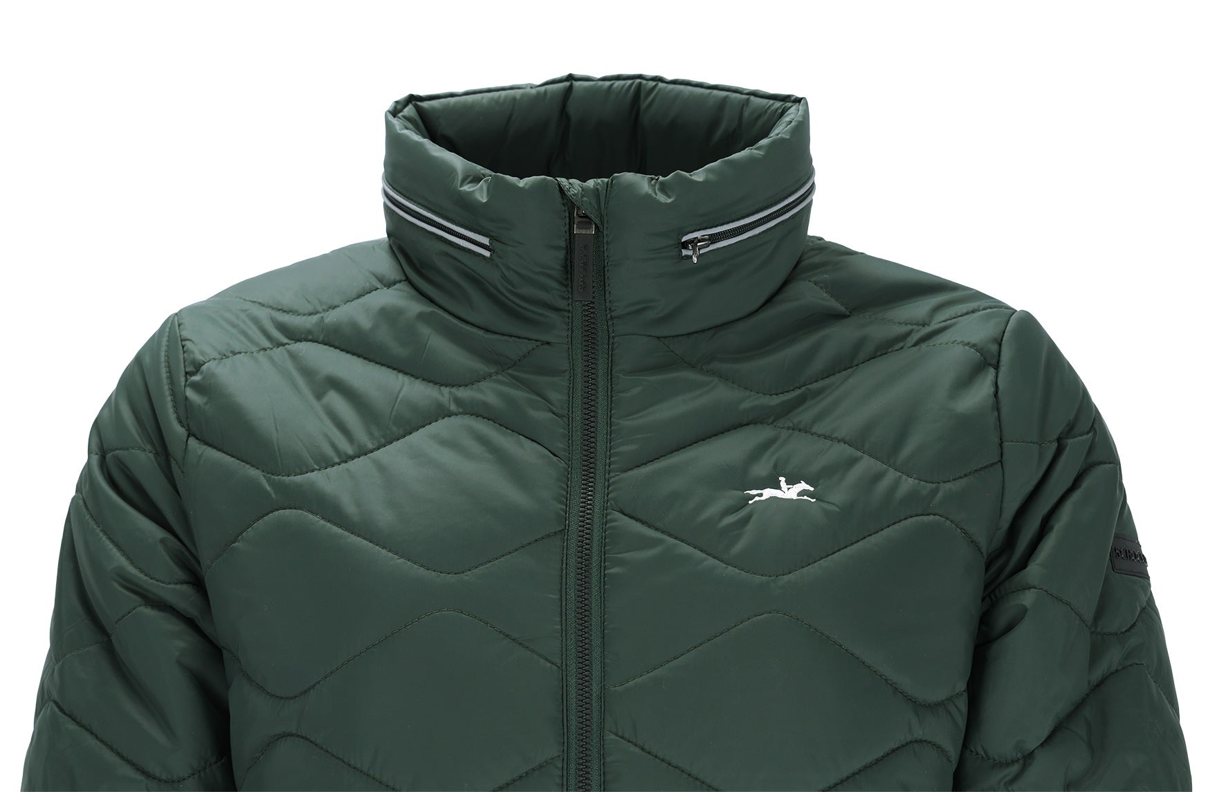A dark green quilted puffer jacket with a high stand-up collar, front zipper, and a small white logo on the left chest, shown against a plain white background.